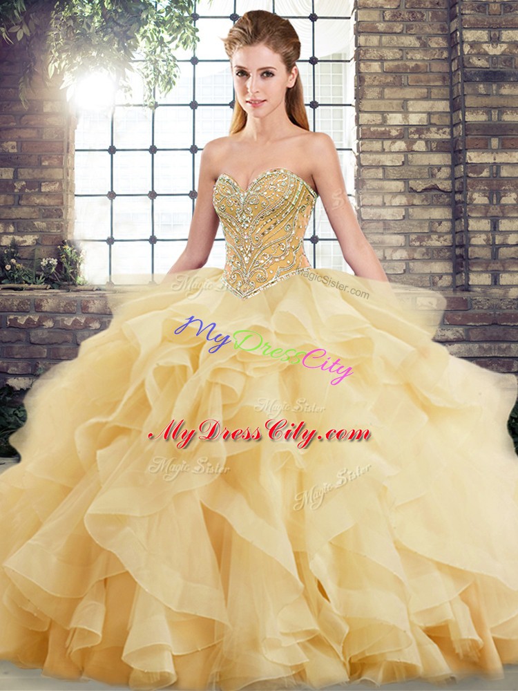 Gold Tulle Lace Up Sweetheart Sleeveless Quinceanera Dress Brush Train Beading and Ruffles