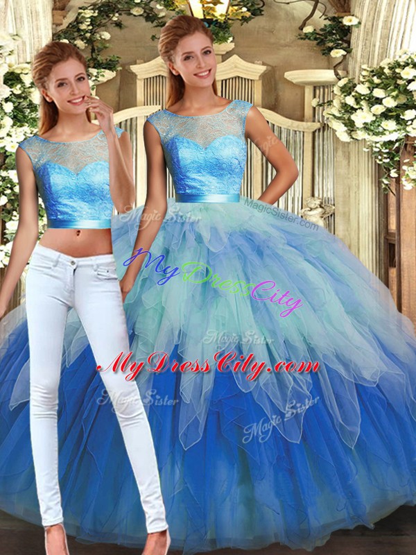 Custom Made Multi-color Backless Scoop Lace and Ruffles Vestidos de Quinceanera Tulle Sleeveless