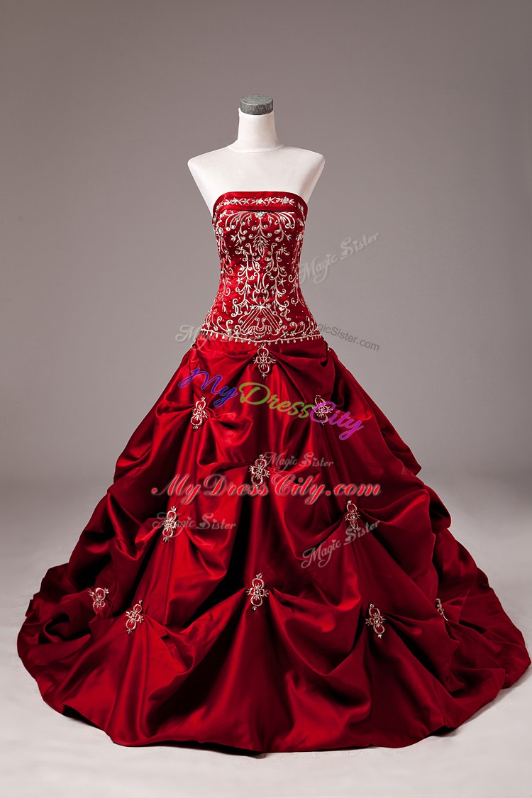 On Sale Wine Red Strapless Neckline Embroidery and Pick Ups Quinceanera Dresses Sleeveless Lace Up