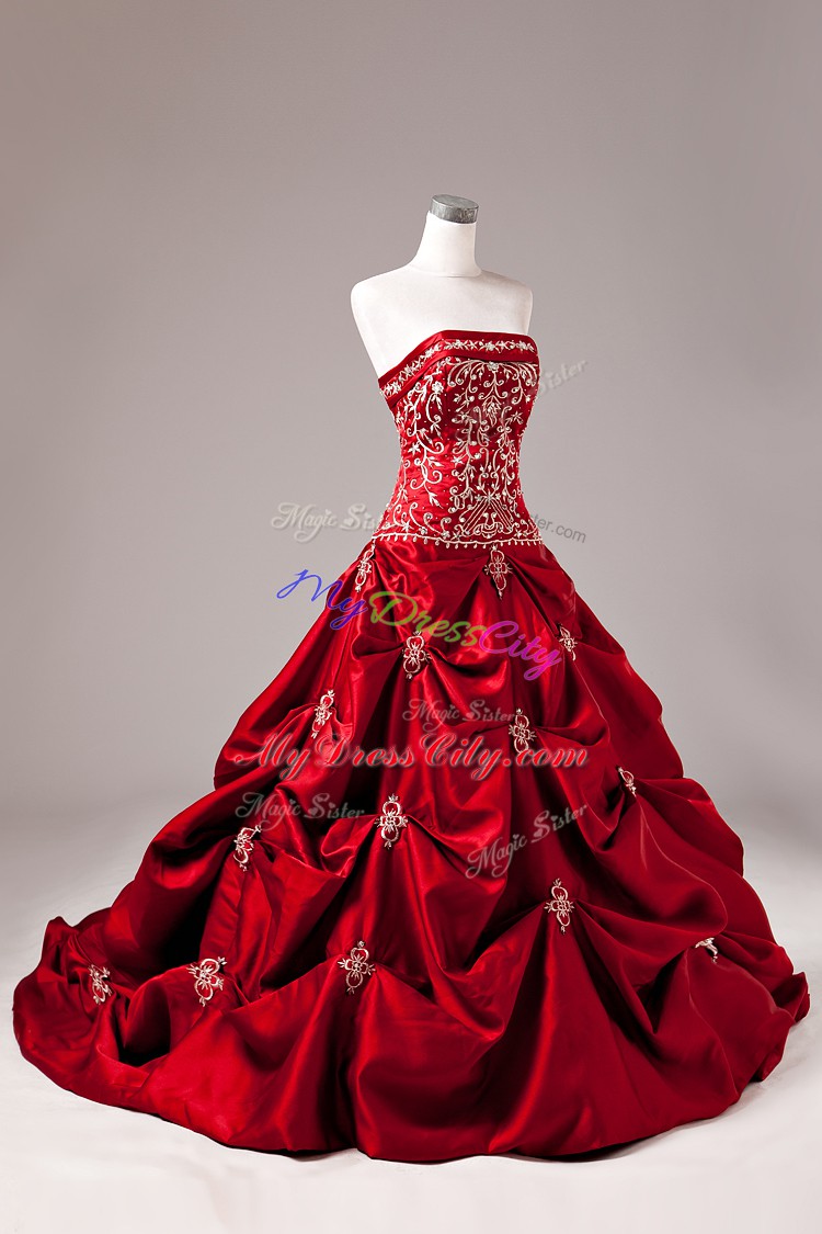 On Sale Wine Red Strapless Neckline Embroidery and Pick Ups Quinceanera Dresses Sleeveless Lace Up