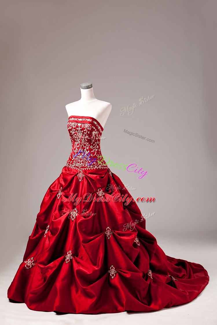 On Sale Wine Red Strapless Neckline Embroidery and Pick Ups Quinceanera Dresses Sleeveless Lace Up