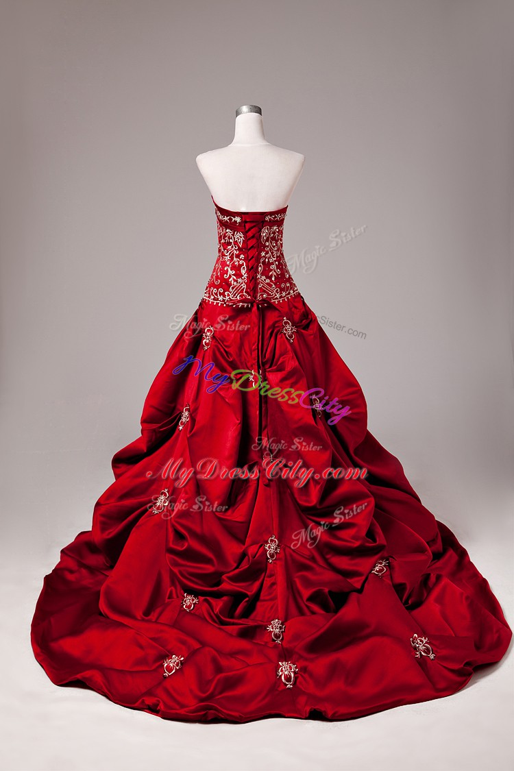 On Sale Wine Red Strapless Neckline Embroidery and Pick Ups Quinceanera Dresses Sleeveless Lace Up