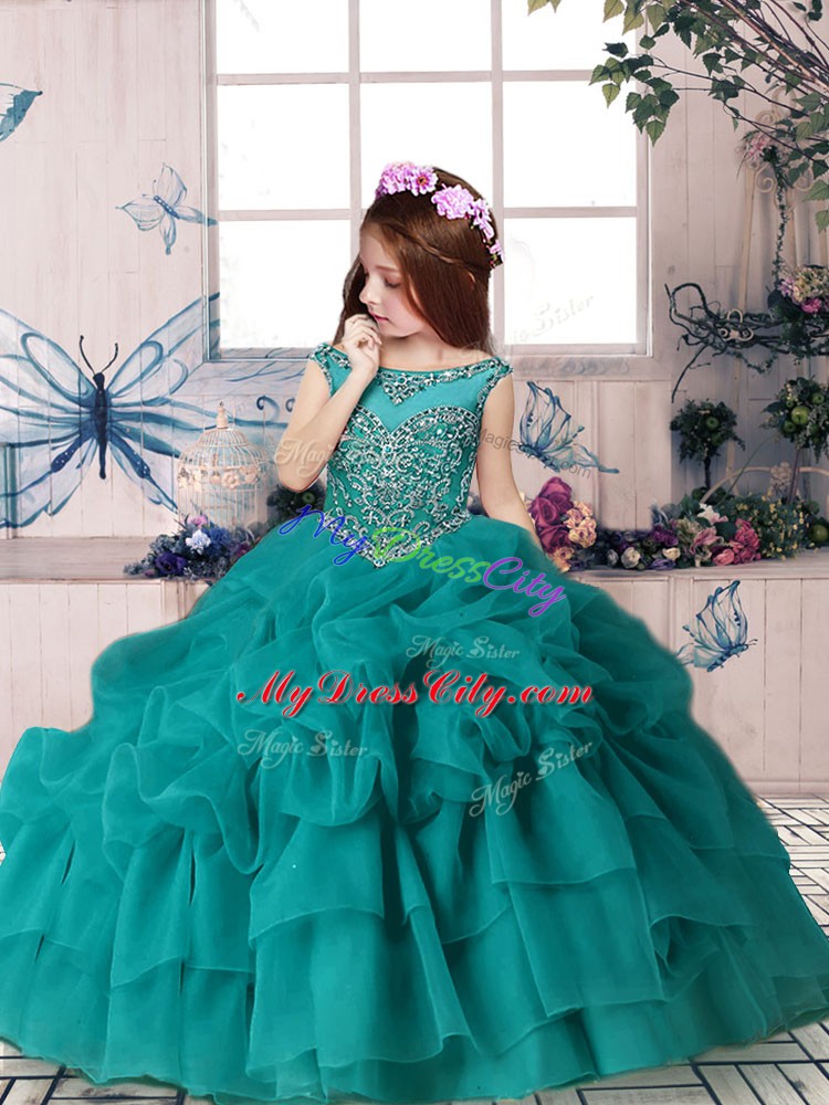 Perfect Scoop Sleeveless Organza Pageant Gowns For Girls Beading and Pick Ups Zipper