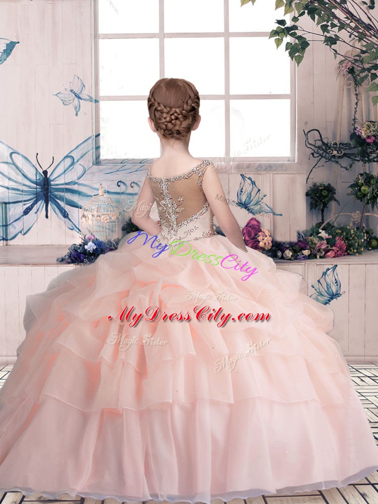 Perfect Scoop Sleeveless Organza Pageant Gowns For Girls Beading and Pick Ups Zipper