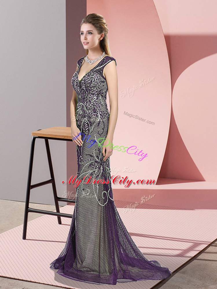 V-neck Sleeveless Sweep Train Zipper Evening Dress Purple Tulle