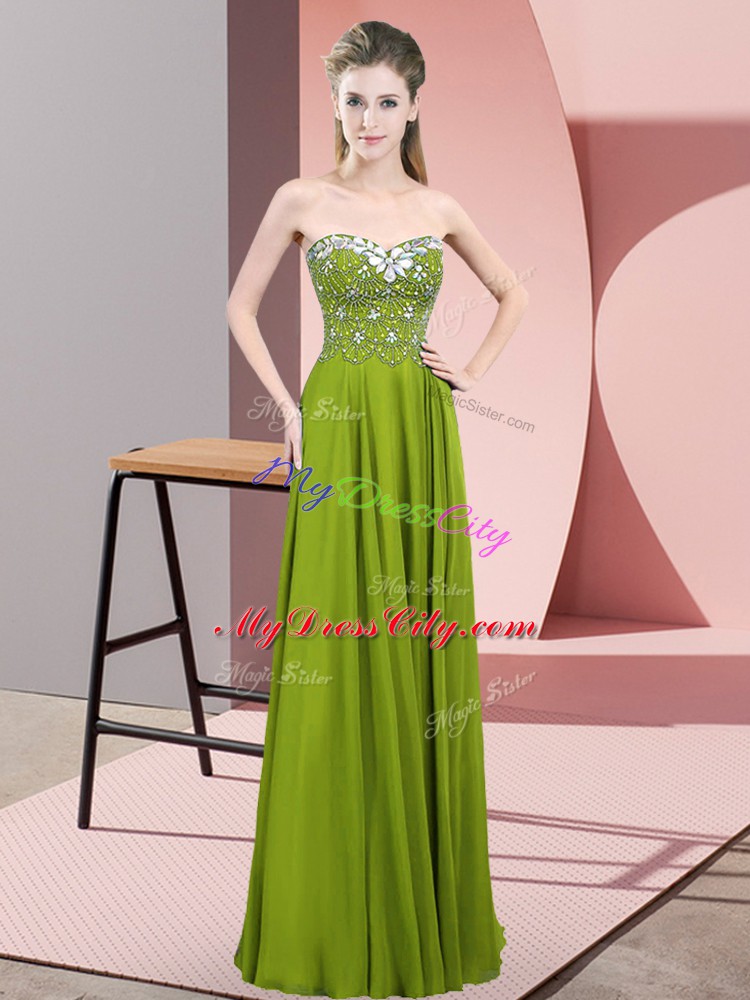 Olive Green Prom Gown Prom and Party with Beading Sweetheart Sleeveless Zipper