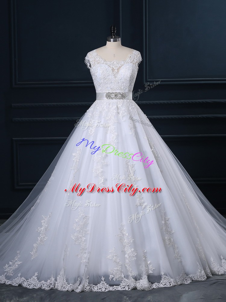 Perfect White Ball Gowns Scoop Sleeveless Tulle Court Train Zipper Beading and Lace Wedding Dresses