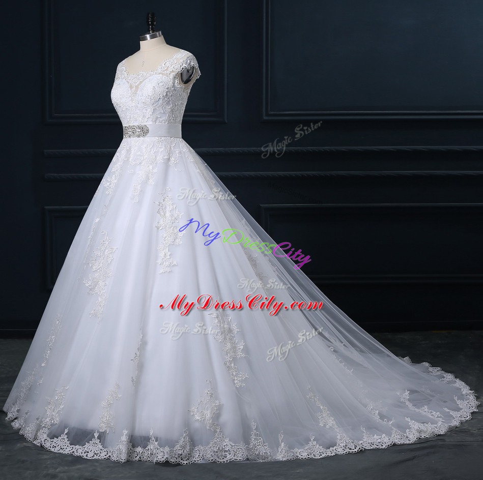 Perfect White Ball Gowns Scoop Sleeveless Tulle Court Train Zipper Beading and Lace Wedding Dresses