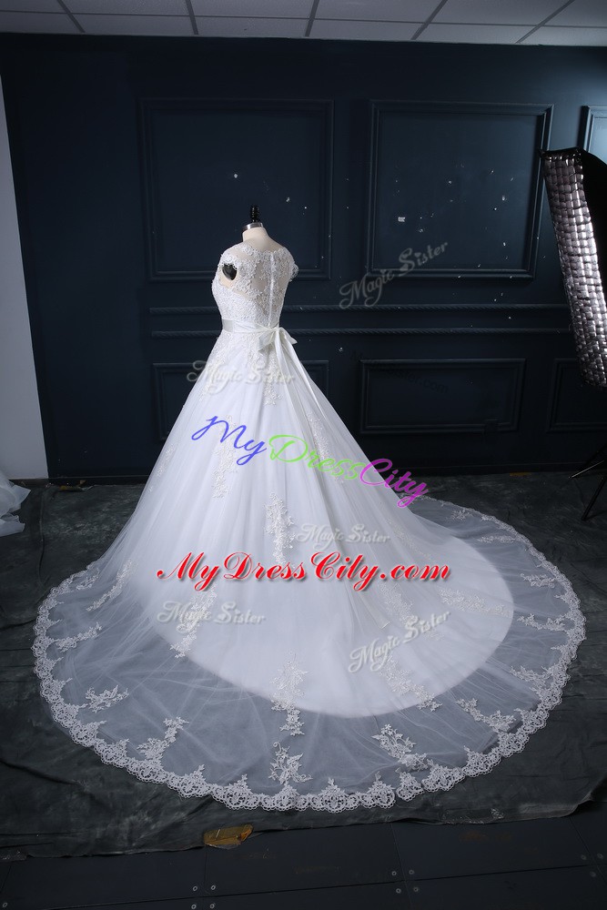 Perfect White Ball Gowns Scoop Sleeveless Tulle Court Train Zipper Beading and Lace Wedding Dresses