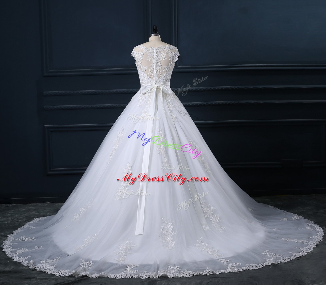 Perfect White Ball Gowns Scoop Sleeveless Tulle Court Train Zipper Beading and Lace Wedding Dresses