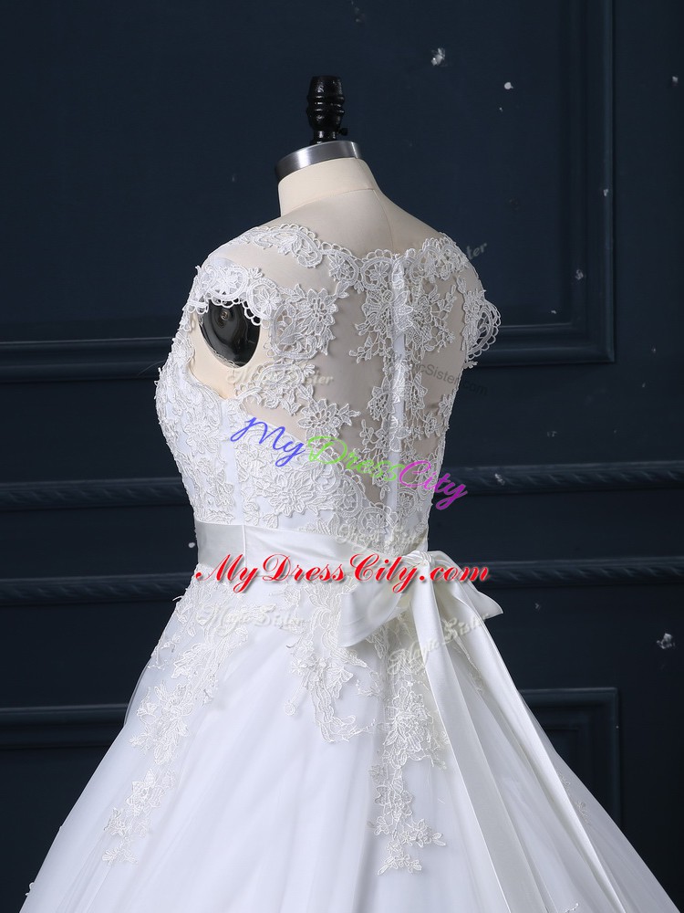 Perfect White Ball Gowns Scoop Sleeveless Tulle Court Train Zipper Beading and Lace Wedding Dresses