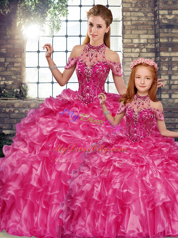 Customized Fuchsia Sleeveless Floor Length Beading and Ruffles Lace Up Quinceanera Gowns