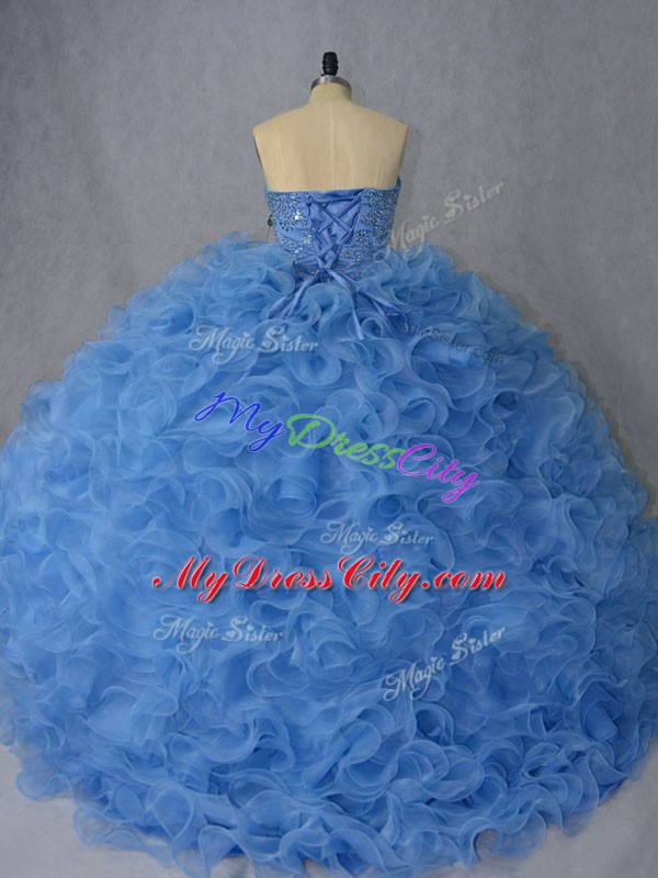 Vintage Blue Lace Up Sweetheart Beading and Ruffles Sweet 16 Quinceanera Dress Organza Sleeveless Brush Train