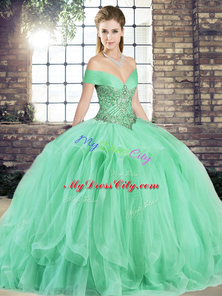 Affordable Apple Green Quinceanera Dresses Military Ball and Sweet 16 and Quinceanera with Beading and Ruffles Off The Shoulder Sleeveless Lace Up