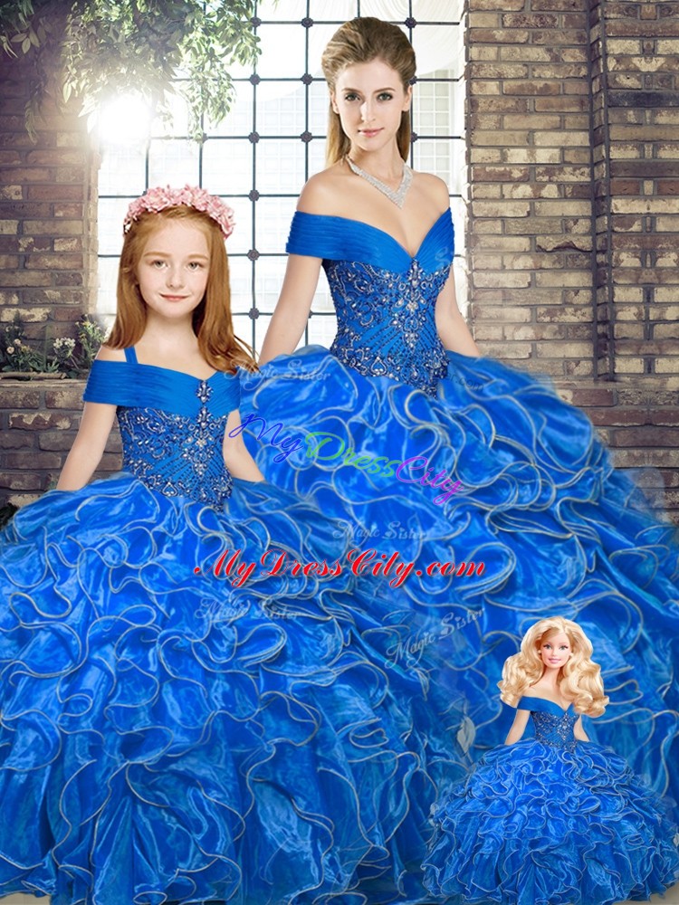 Ideal Royal Blue Vestidos de Quinceanera Military Ball and Sweet 16 and Quinceanera with Beading and Ruffles Off The Shoulder Sleeveless Lace Up