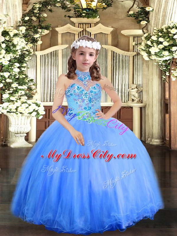 Blue Halter Top Lace Up Appliques Girls Pageant Dresses Sleeveless