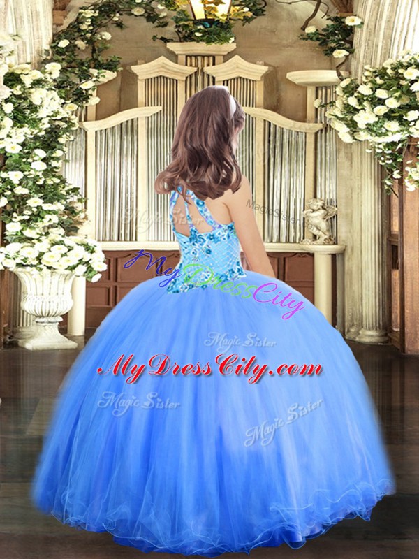 Blue Halter Top Lace Up Appliques Girls Pageant Dresses Sleeveless