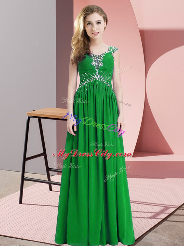 Green Chiffon Prom Evening Gown Cap Sleeves Floor Length Beading