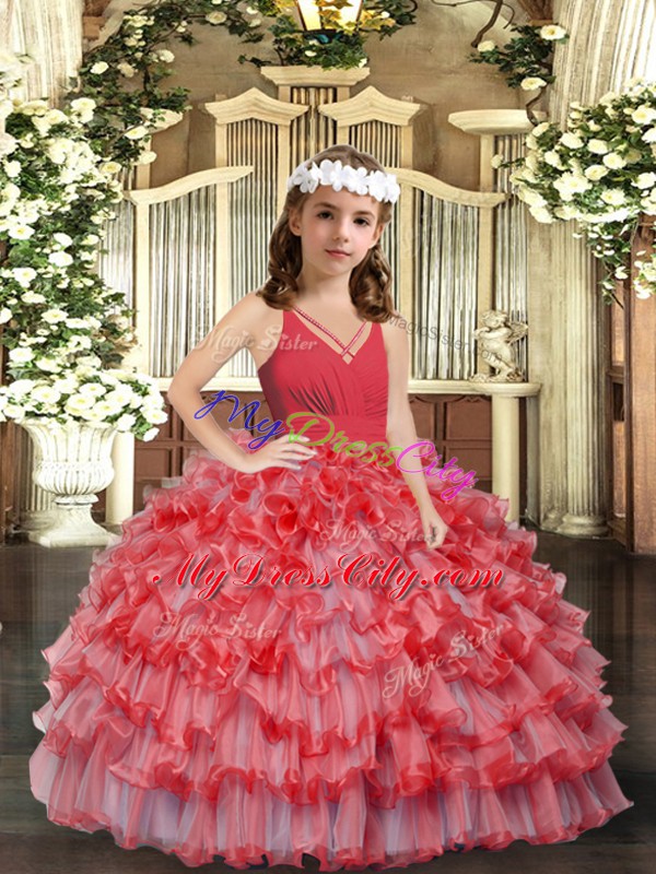 New Arrival Ball Gowns Evening Gowns Coral Red V-neck Organza Sleeveless Floor Length Zipper