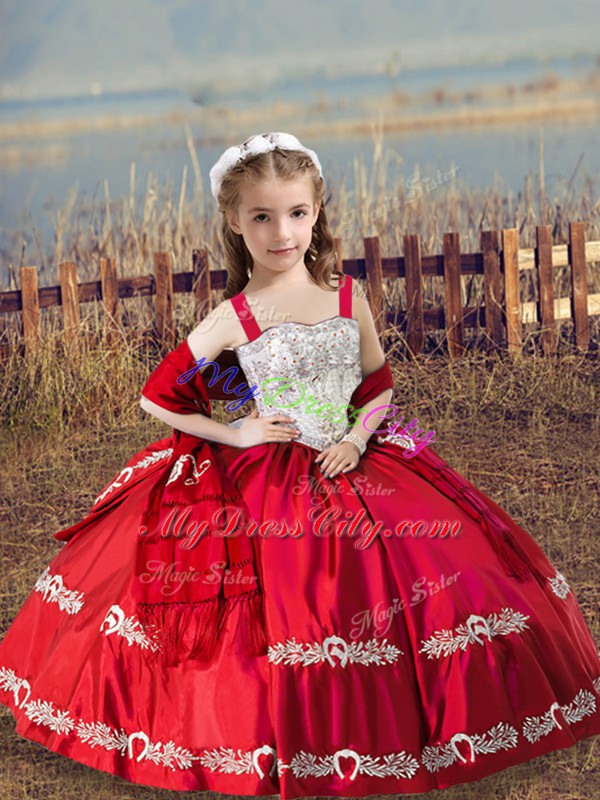 Coral Red Satin Lace Up Pageant Gowns For Girls Sleeveless Floor Length Beading and Embroidery