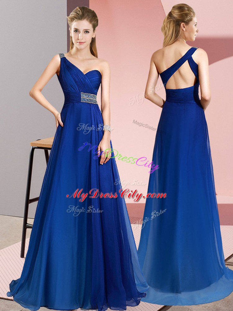 High Quality Blue Empire One Shoulder Sleeveless Chiffon Brush Train Criss Cross Beading Evening Dress