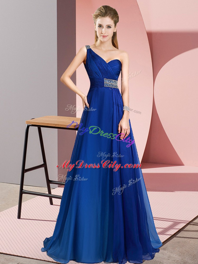 High Quality Blue Empire One Shoulder Sleeveless Chiffon Brush Train Criss Cross Beading Evening Dress