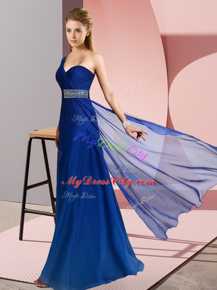 High Quality Blue Empire One Shoulder Sleeveless Chiffon Brush Train Criss Cross Beading Evening Dress