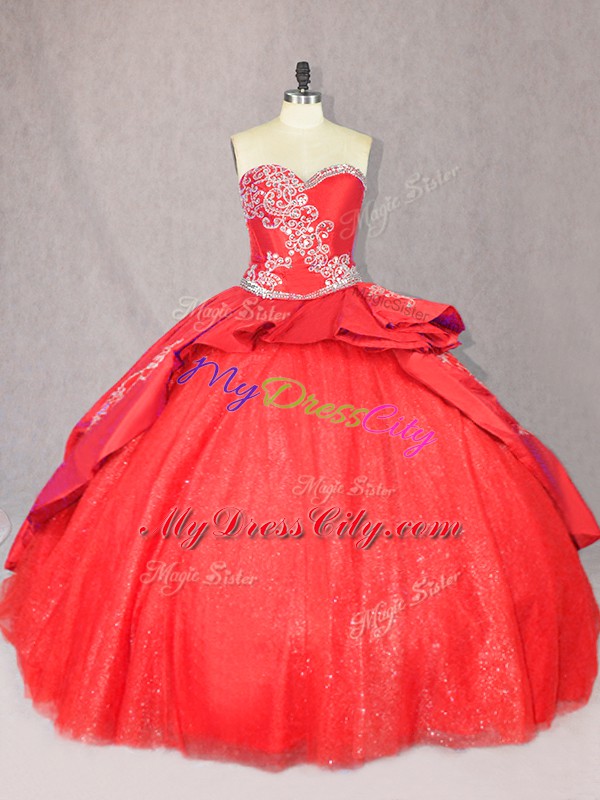 Red Ball Gowns Tulle Sweetheart Sleeveless Embroidery Floor Length Lace Up Sweet 16 Dresses Court Train