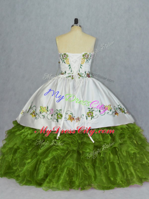 Olive Green Ball Gowns Embroidery and Ruffles 15th Birthday Dress Lace Up Organza Sleeveless Floor Length