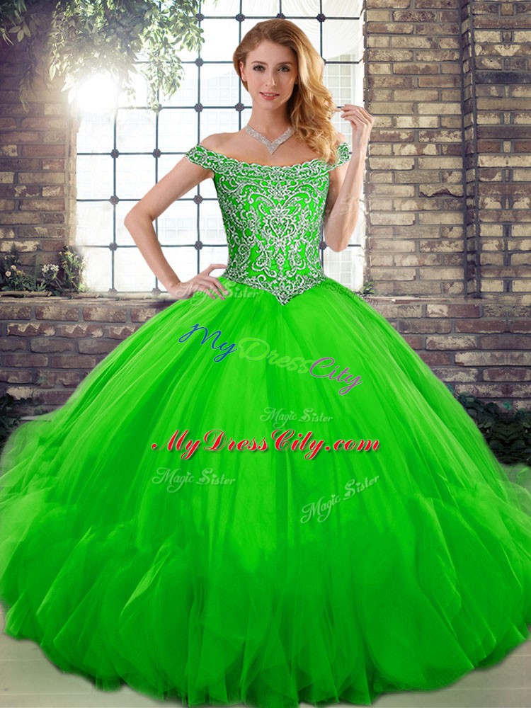 Best Selling Green Lace Up Off The Shoulder Beading and Ruffles Sweet 16 Dresses Tulle Sleeveless