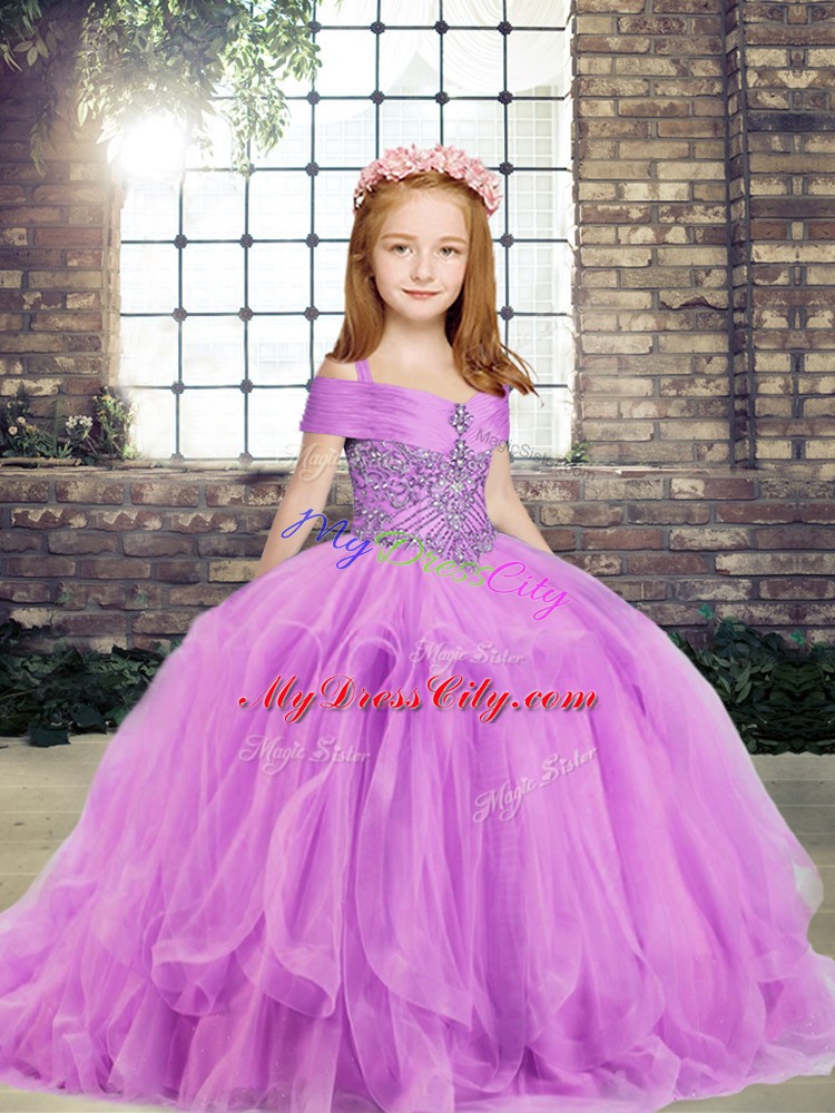 Sleeveless Floor Length Beading Side Zipper Kids Pageant Dress with Lilac