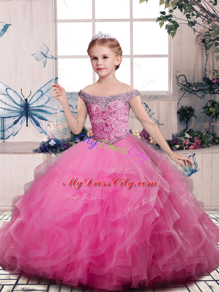 Sleeveless Lace Up Floor Length Beading and Ruffles Pageant Gowns For Girls