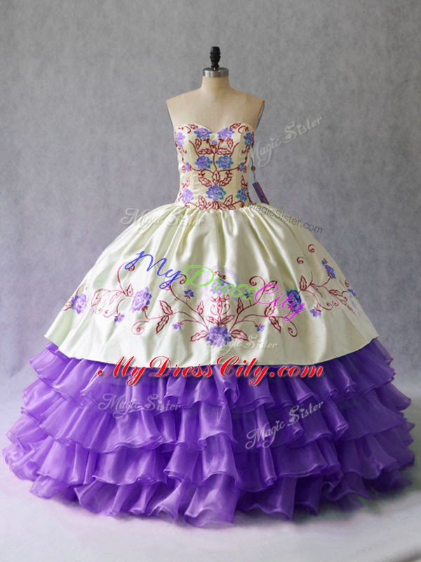 Customized Floor Length Lavender Quinceanera Dresses Organza Sleeveless Embroidery and Ruffled Layers