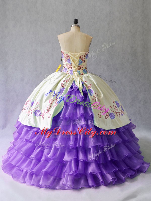 Customized Floor Length Lavender Quinceanera Dresses Organza Sleeveless Embroidery and Ruffled Layers