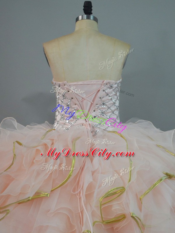 Luxurious Peach Ball Gowns Beading and Ruffles Quinceanera Dresses Lace Up Organza Sleeveless Floor Length