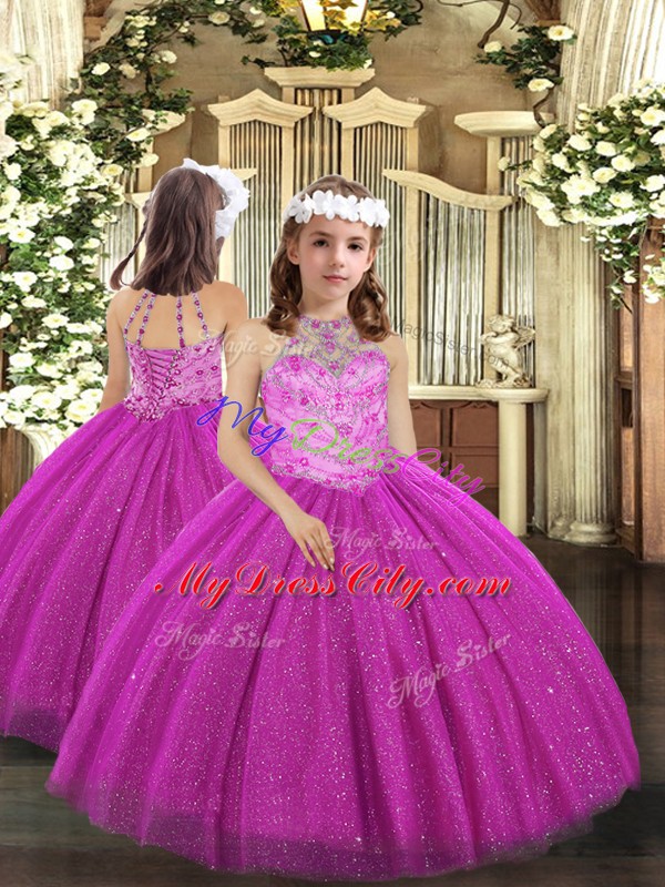 Classical Fuchsia Ball Gowns Tulle Halter Top Sleeveless Beading Floor Length Lace Up High School Pageant Dress