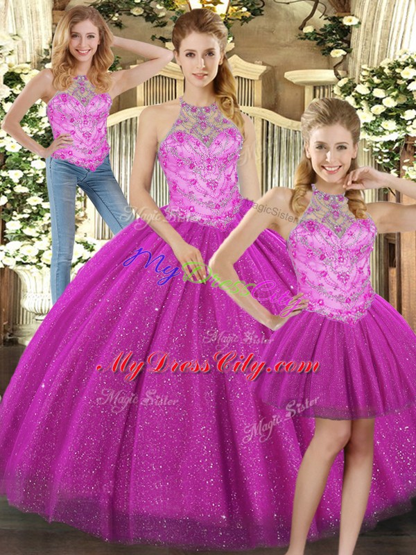 Floor Length Three Pieces Sleeveless Fuchsia Quinceanera Dress Lace Up