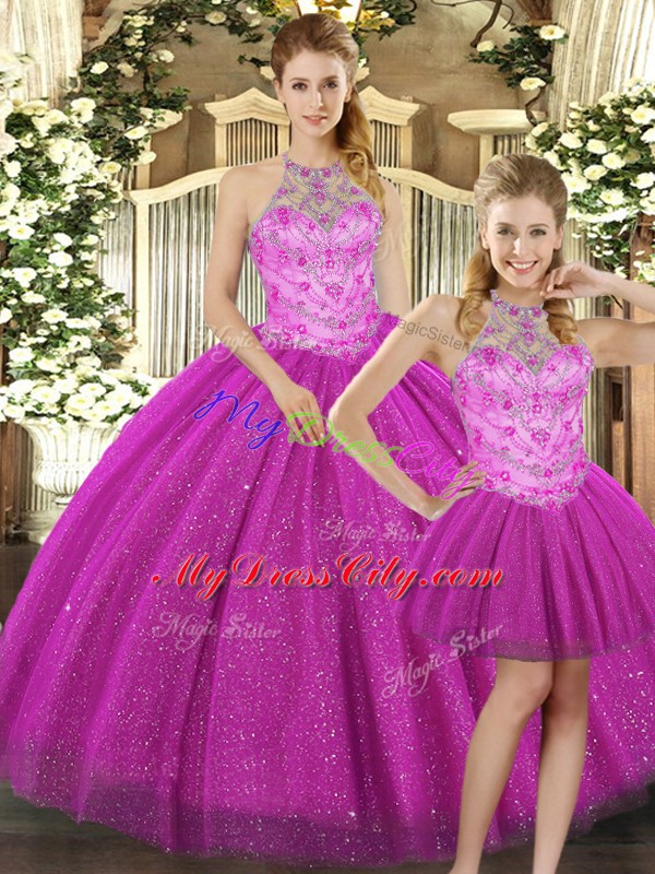 Floor Length Three Pieces Sleeveless Fuchsia Quinceanera Dress Lace Up