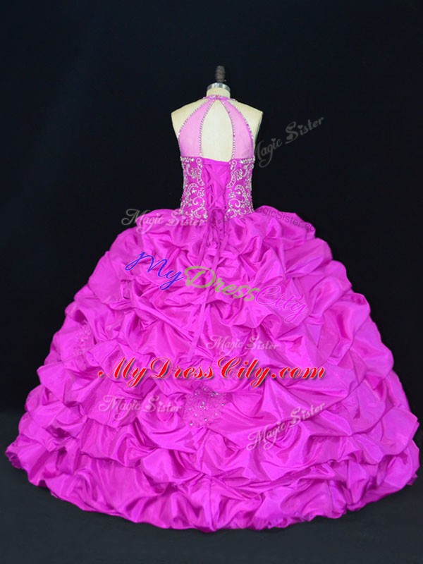 Most Popular Floor Length Lace Up Quince Ball Gowns Fuchsia for Sweet 16 and Quinceanera with Beading and Appliques and Pick Ups