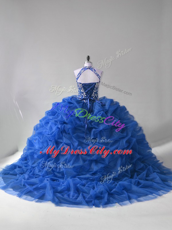 Luxury Organza Halter Top Sleeveless Court Train Lace Up Beading and Pick Ups Sweet 16 Quinceanera Dress in Blue