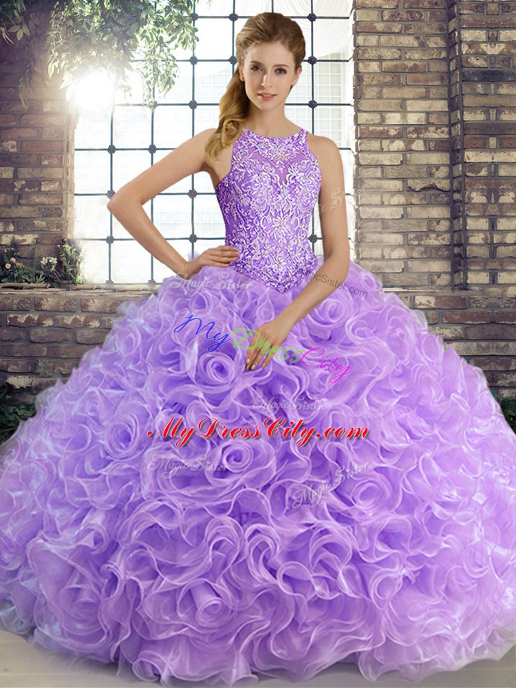 High End Fabric With Rolling Flowers Scoop Sleeveless Lace Up Beading Quinceanera Dress in Lavender