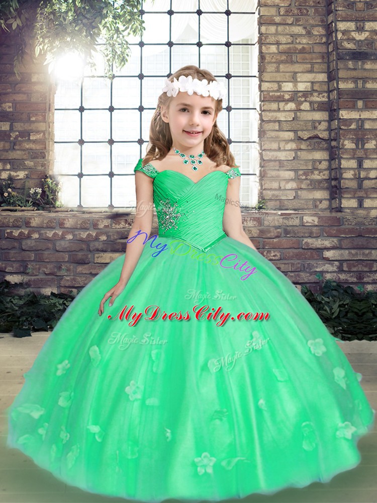 Green Ball Gowns Straps Sleeveless Tulle Floor Length Lace Up Beading and Hand Made Flower Kids Formal Wear