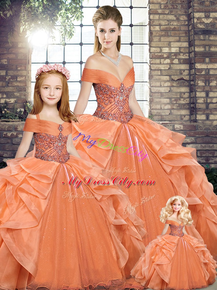 Floor Length Orange Vestidos de Quinceanera Off The Shoulder Sleeveless Lace Up