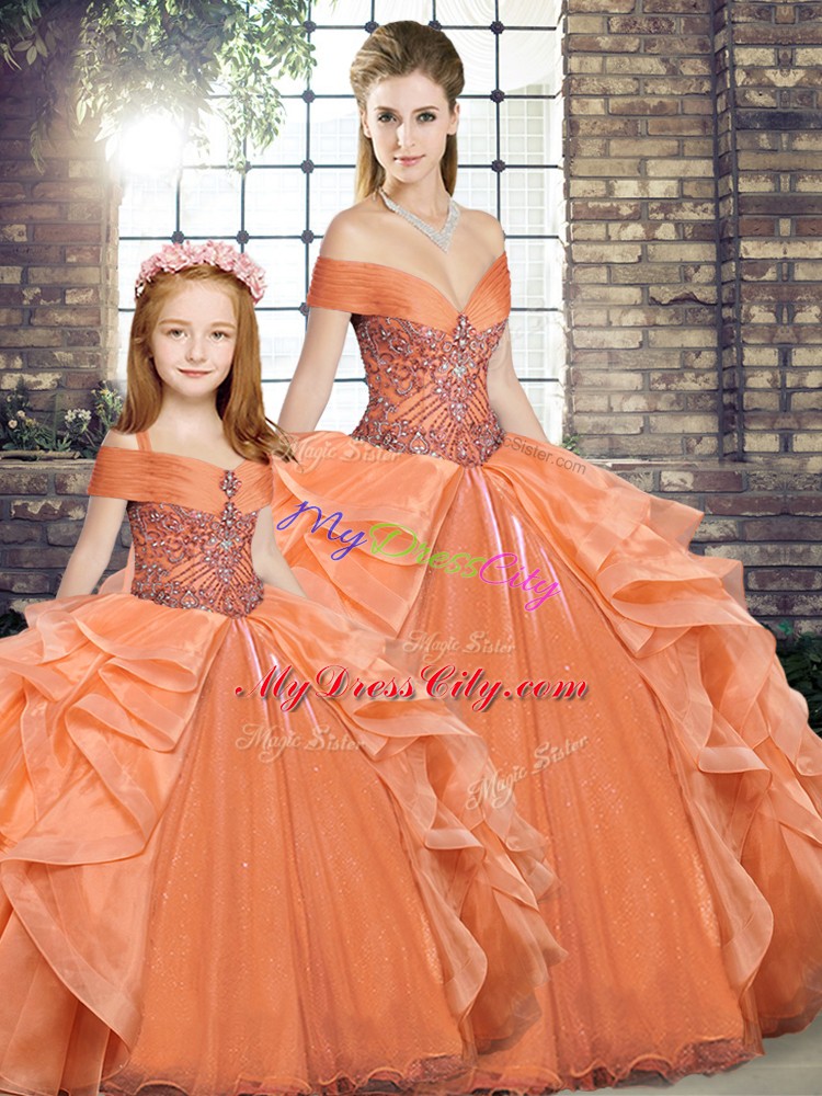 Floor Length Orange Vestidos de Quinceanera Off The Shoulder Sleeveless Lace Up