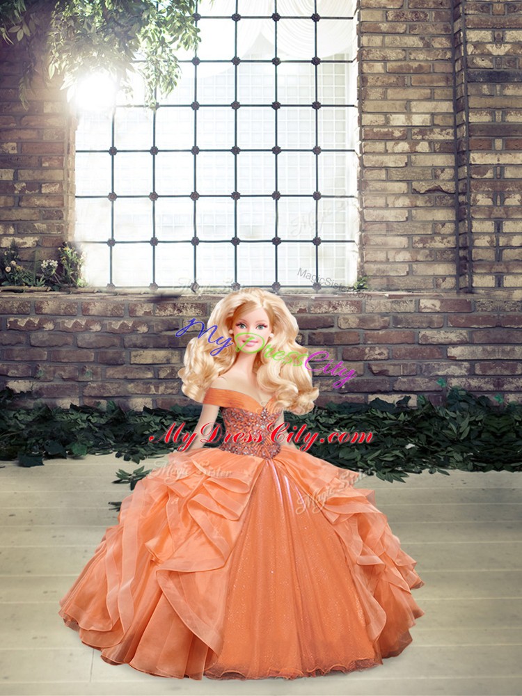 Floor Length Orange Vestidos de Quinceanera Off The Shoulder Sleeveless Lace Up