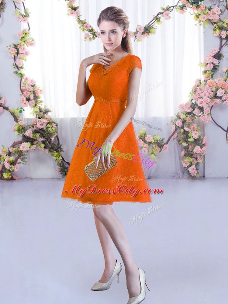 Lovely Orange Red A-line V-neck Cap Sleeves Lace Mini Length Lace Up Lace Bridesmaid Dress