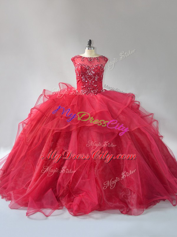 Wine Red Sleeveless Beading and Ruffles Lace Up Sweet 16 Dress