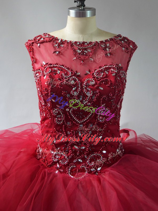 Wine Red Sleeveless Beading and Ruffles Lace Up Sweet 16 Dress