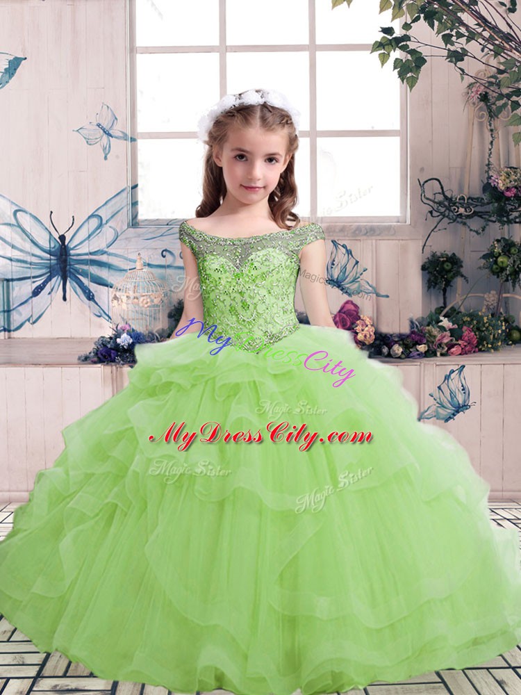 Sweet Sleeveless Floor Length Beading and Ruffles Lace Up Little Girl Pageant Dress with Yellow Green