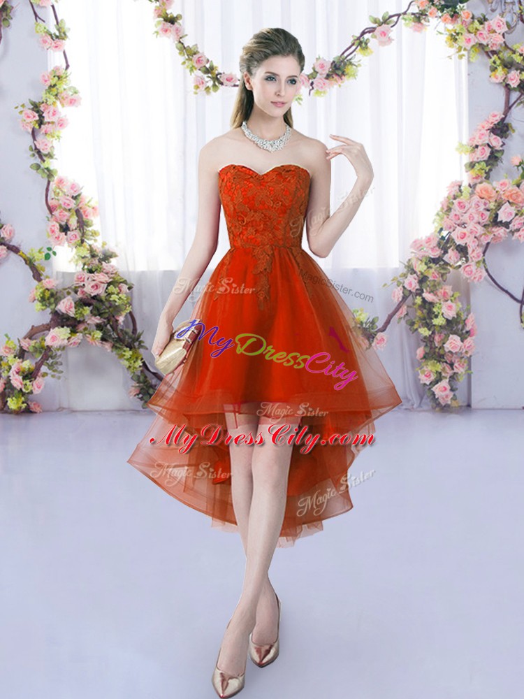 Beauteous Rust Red Tulle Lace Up Sweetheart Sleeveless High Low Bridesmaid Gown Lace